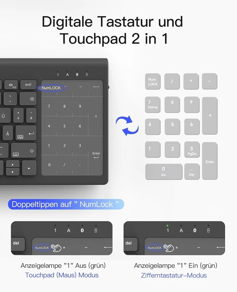 Inateck Tablet Tastatur 2-IN-1 Ziffernblock TouchpadVersteckter Ständer - Bild 2 von 4