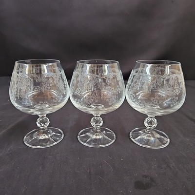 Bohemia Czech Etched Crystal Brandy Snifter 4.25'' Set of 3
