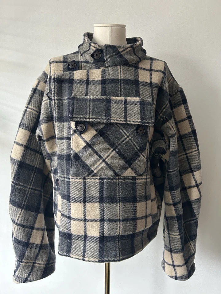 Girls of Dust 40s rider oversized jacket poncho grey wool check xxs - Image 3 of 4
