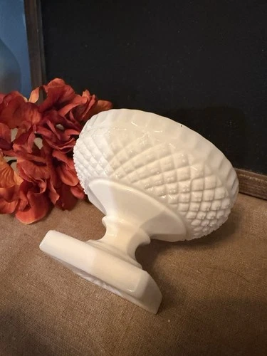 Vintage Diamond Hobnail Milk Glass Footed Candy Dish