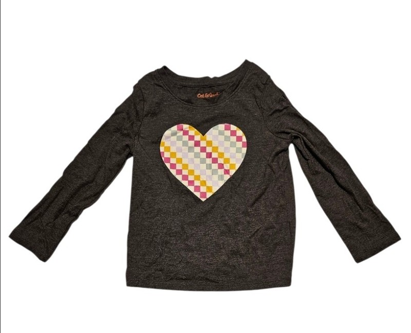 Cat & Jack Girls 3T Long Sleeve Tee Gray Rainbow Checkered Heart Graphic Shirt