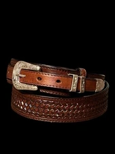 New Basket Embossed Ranger Belts Western Leather Casual Dark Brown Belt