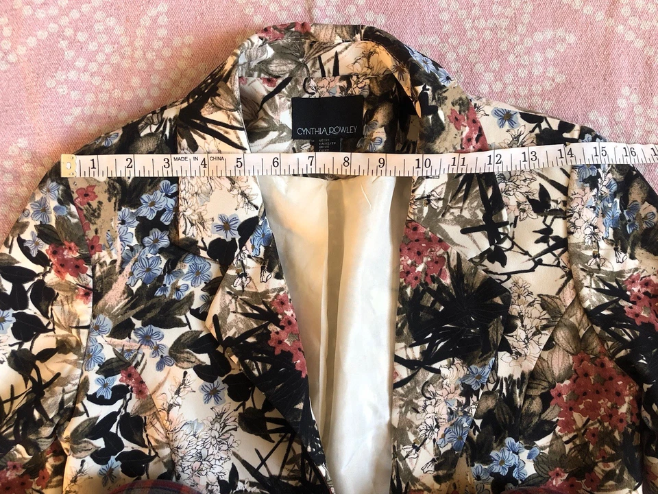 Blazer floral Cynthia Rowley XS para mujer marfil rosa azul forrado sin botones abiertos Foto 4 de 4