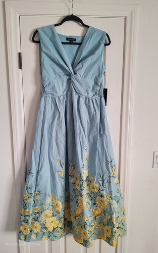 Rachel Zoe Turquoise Blue And Lemon  Floral Cotton Rouched Maxi Dress Sz 6