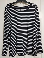 a.n.a. Women Size 1X Black Striped Scoop Neck Long Sleeve Cotton Blend Knit Tee