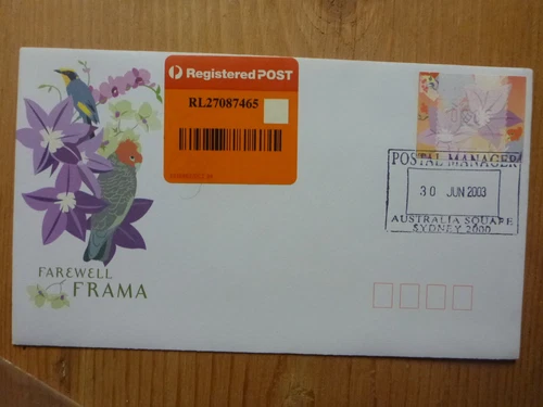 AUSTRALIA 2003 LAST DAY OF FRAMA REGISTERED $2.85 RATE AUST SQUARE SYDNEY COVER