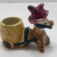 Vtg Ceramic Donkey Wearing Sombrero Pulling Cart Toothpick Holder Or Bud Vase