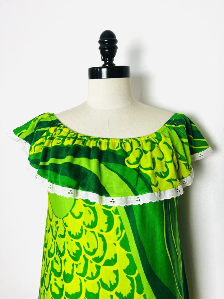 1960-х 60-х 70-х годов зеленый фрукт гавайский винтажный отверстие кружева сарафан платье S M - Изображение 2 из 4