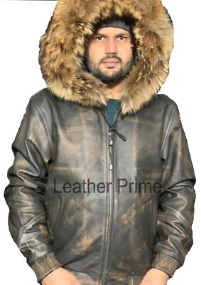 Men's Puffer Bomber Real Sheepskin Leather Jacket Raccoon Fur Collar Hoodie 