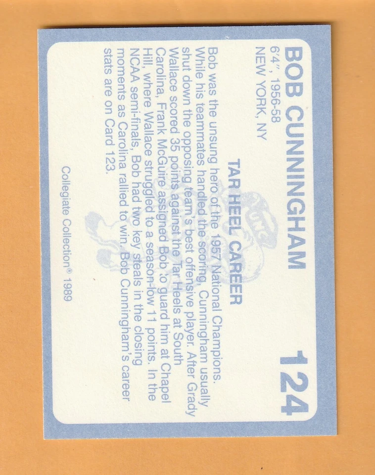 Bob Cunningham North Carolina Tar Heels 1989 Card #124 1957 NCAA Champs 8B - Image 2 of 2