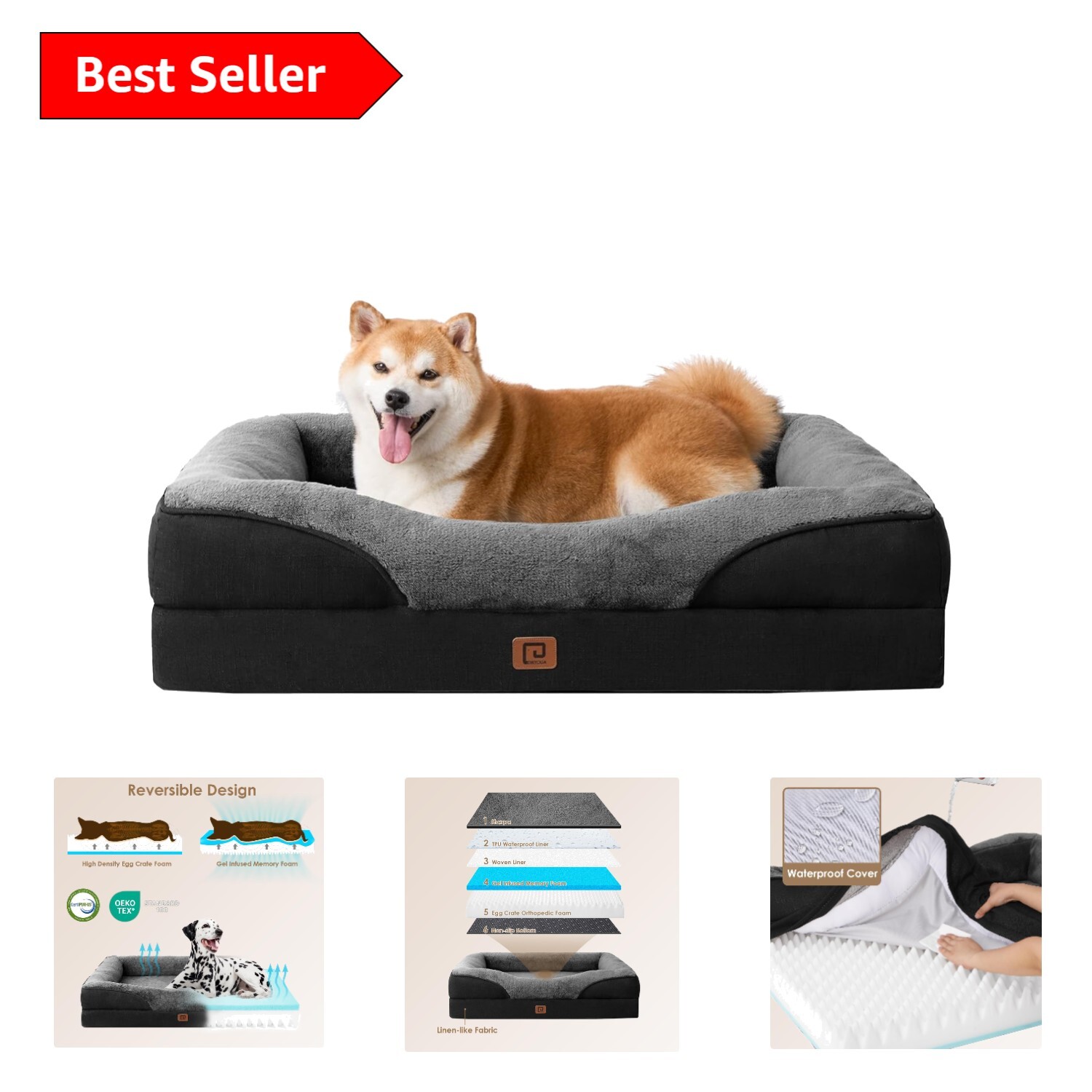 Comfortable Bolster Pet Bed Couch with Memory Foam for Large Dogs - Grey/Black