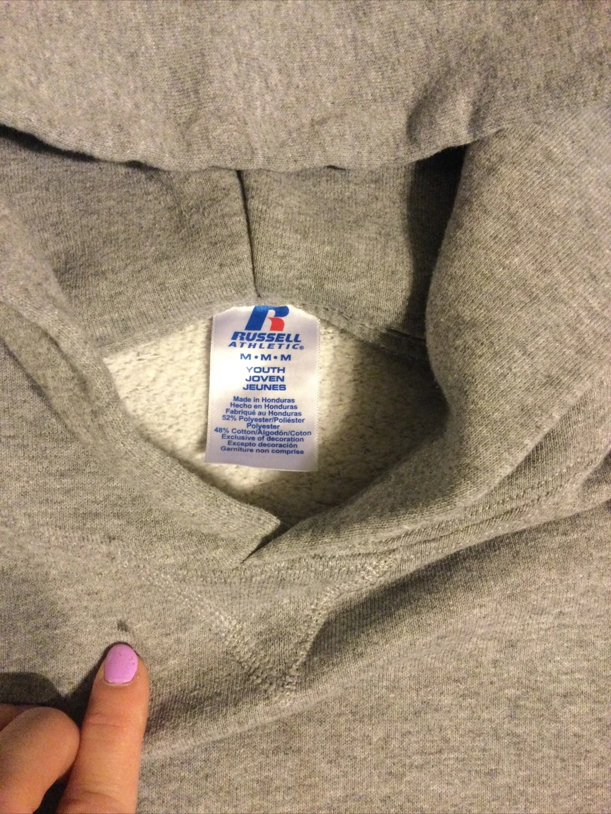 VETEMENTS Felpa con cappuccio pullover Russell Athletic grigia usata ~ taglia media giovane.