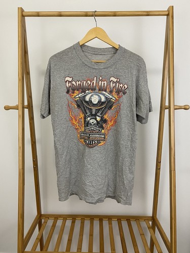 VTG Harley-Davidson Forged In Fire Twin Engine Fire Flame Gray T-Shirt Size L
