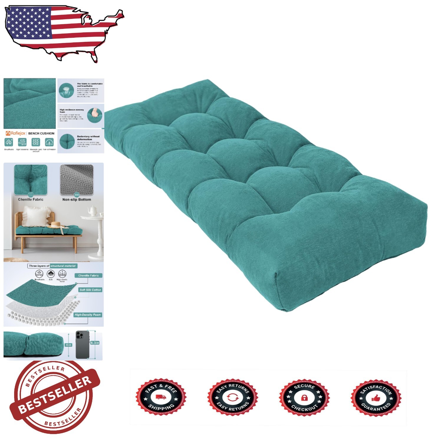 Soft Durable Indoor Tufted Bench Cushion 48' - Machine Washable Chenille Comfort