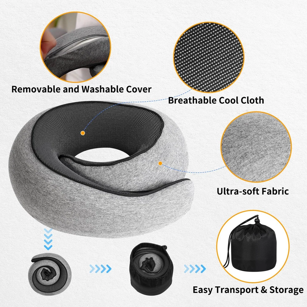 Memory Foam Travel Neck Pillow with 360° Support for Airplane Comfort