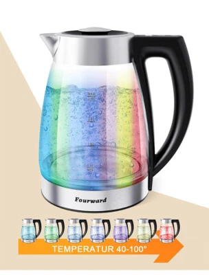 Edelstahl Wasserkocher 2.0L 2200W Glas Kettle mit Temperaturwahl LED-Beleuchtung