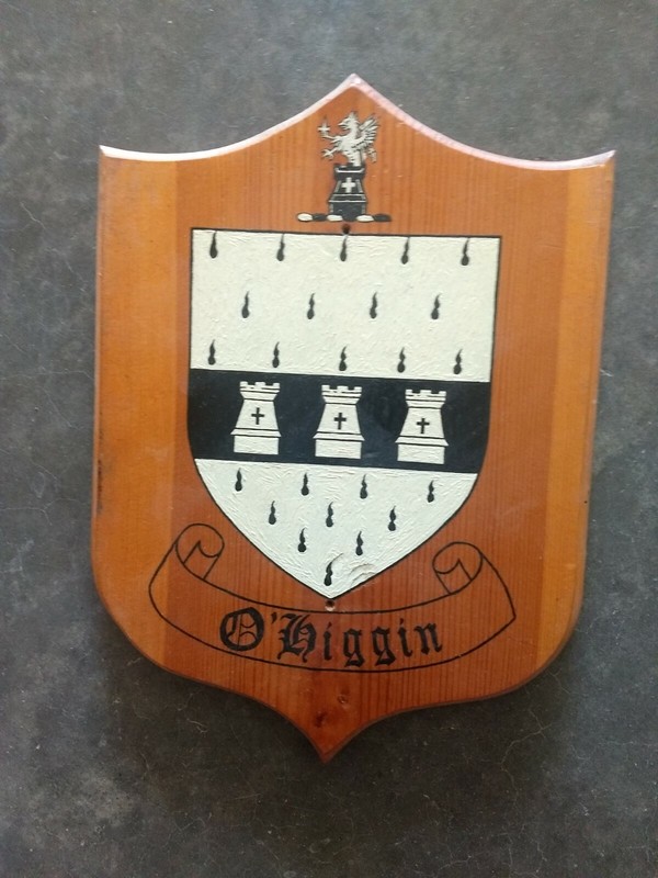 Vintage hand painted O'Higgin coat of arms family crest.