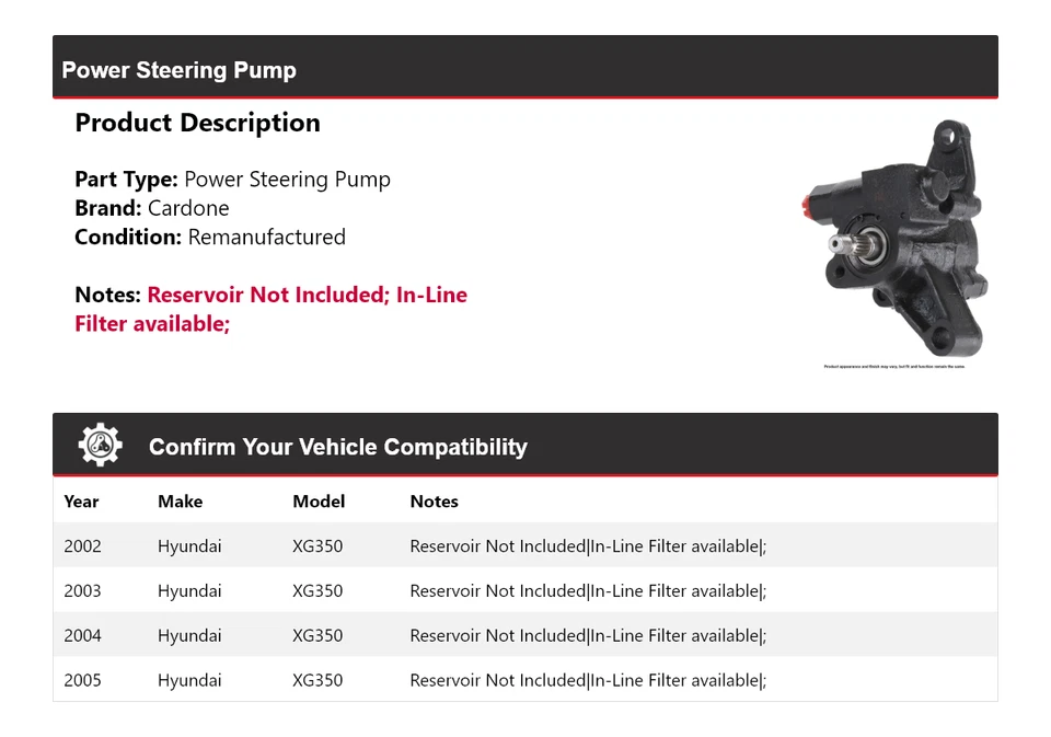 Bomba de dirección asistida Cardone 2003 2004 para Hyundai XG350 2002-2005 Foto 2 de 4