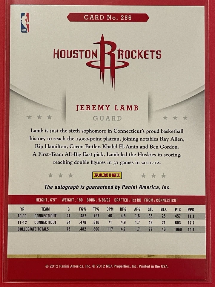 2012-13 Panini NBA Hoops Jeremy Lamb Rookie Auto RC #286 Basketball Rockets - Image 2 of 2