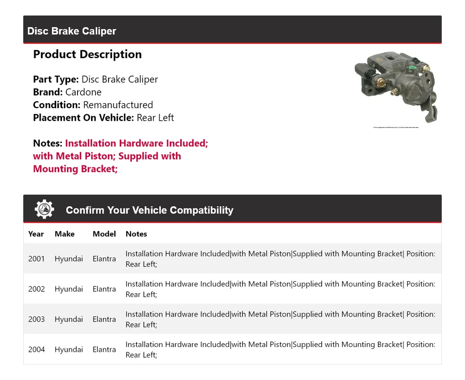 Pinza de freno de disco trasera izquierda cardone 2002 2003 para Hyundai Elantra 2001-2004 Foto 2 de 4