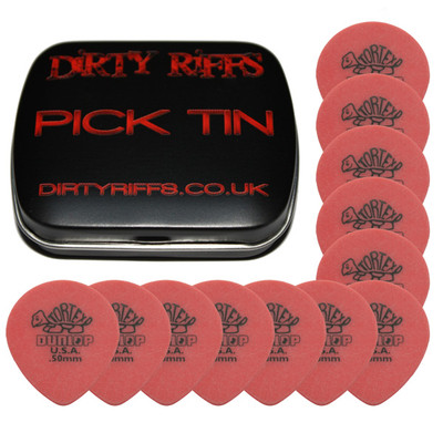 12 x Dunlop Tortex tropfenförmige Gitarren-Plektren/Gitarrenplektren - 0,50 mm rot in einer Plektrum-Dose