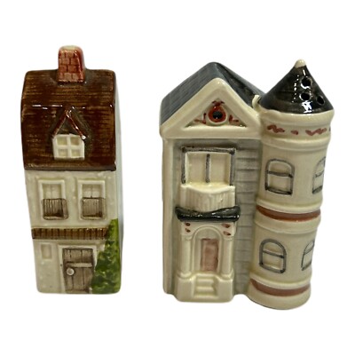 1980's Vtg OTAGIRI OCM Japan Hand Painted Victorian Houses Salt & Pepper Shakers