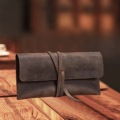 Handmade Cowhide Leather Roll Up Pen Bag Retro Vintage Pencil Pouch Case ToolkA