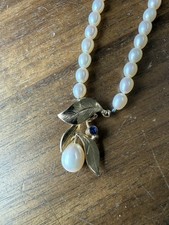 Gold Leaves Blue Sapphire Fresh Water Pearl Necklace 18 Inches