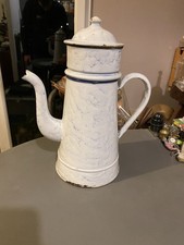 Ancienne cafetière en tôle émaillée motif blanc bleu marbré vintage cuisine