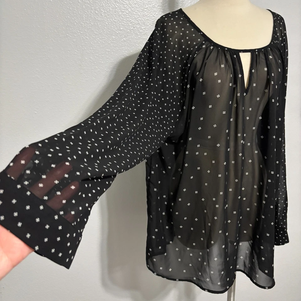 Blusa Antigua Azul Marino Negra Transparente Para Mujer XXL Manga Larga Boho Campesina Top Estampado Ditsy Foto 3 de 4