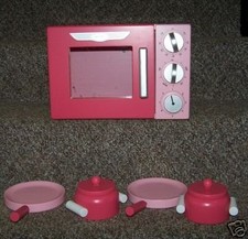 New Wooden Pink Retro Microwave with Pots and Pans for Play Kitchen