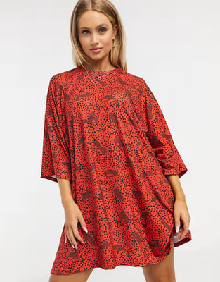 Asos Oversized Cheetah Print  T-Shirt Dress - One Size - Red/Black