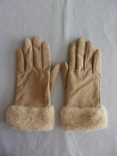 Women's Winter Gloves Beige Faux Suede with Faux Fur Trim Size Small