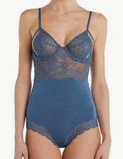 La Perla Bianca Collection Underwire Bodysuit 36C Blue Leavers Lace Cups
