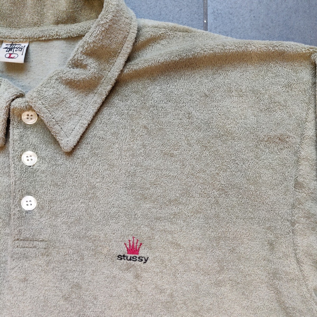 Vintage 80s Stussy Terry Cloth Crown Long Sleeve Polo Shirt Mens L