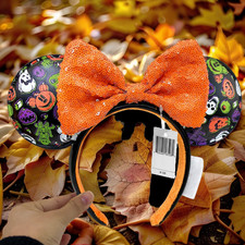 2026 Disney Parks Halloween Pumpkins Orange Sequined Minnie Mouse Ears Headband