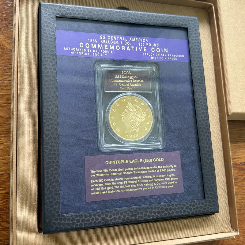 PCGS 1855 $50 SS Central America Kellogg Gold Restrike with Box & COA 🇺🇸