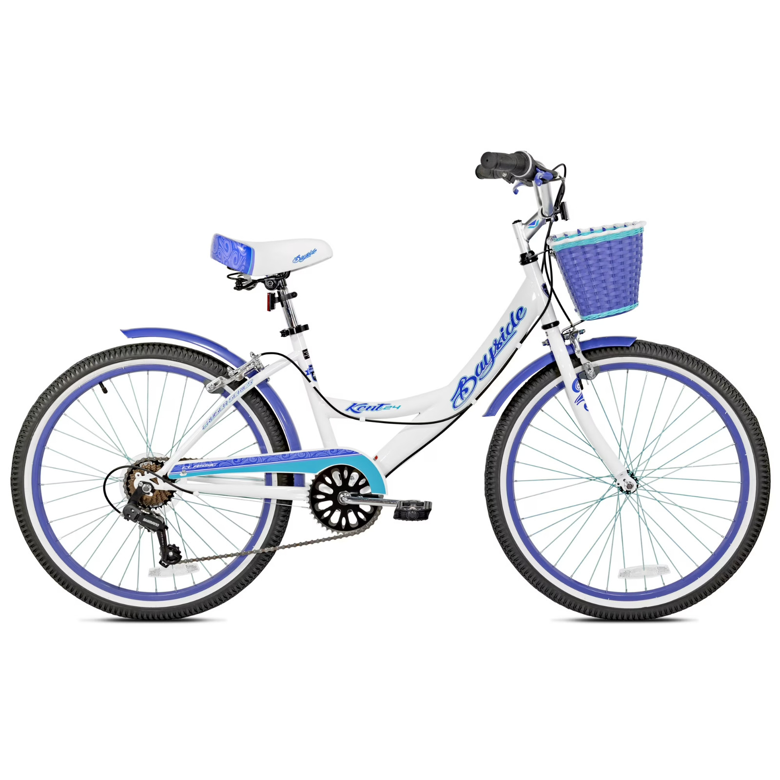 24" Girl's Bayside Comfy Fit Beach Cruiser Bike, 7-Speed, White w/ Blue Accents