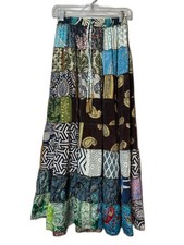 Bohemian Patchwork Maxi Skirt Multicolor Tiered Vintage Silk Sari Artisan O/S