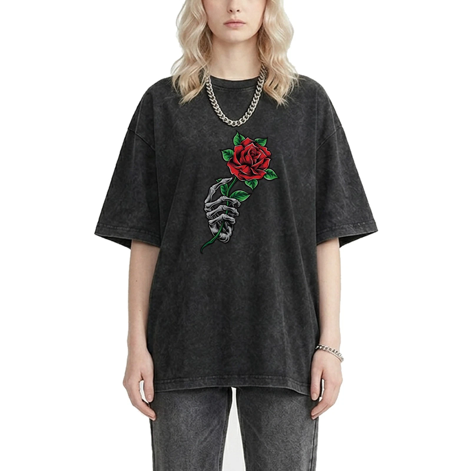 Dark Romantic Short Sleeve T-Shirt,Skeleton Hand Rose Print Loose Fit Unisex Tee
