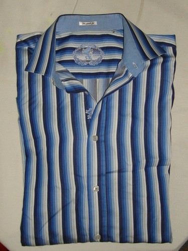BUGATCHI BLUE/WHITE STRIPED 100% COTTON L/S BUTTON FT. SHIRT SZ. L SLIM - Picture 8 of 9