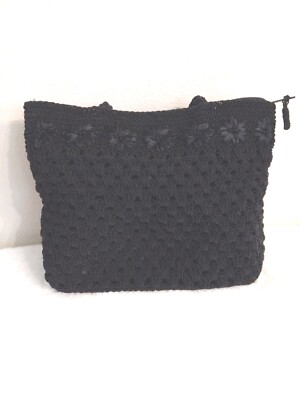 Black Floral Embroidered Fabric Evening Formal Handbag Purse 8'' x 8''