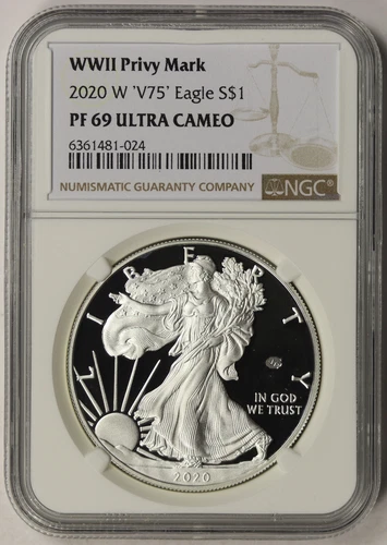 2020-W V75 Silver Eagle $1 Proof PF 69 Ultra Cameo NGC WWII Privy Mark