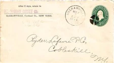 New York McGrawville 1896 negative X  1850-1898  Postal Stationery Envelope.
