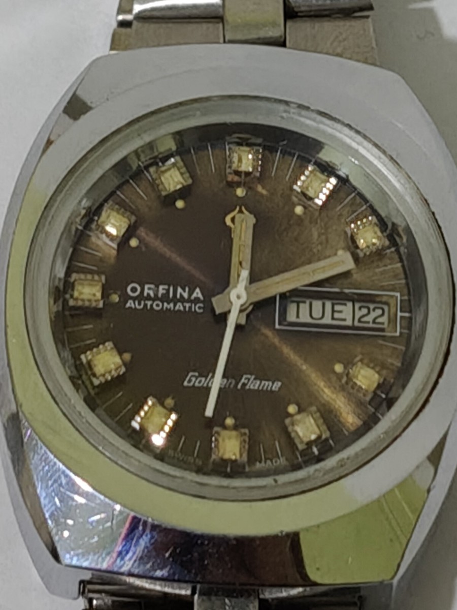 RARE ORFINA GOLDEN FLAME 6326 DAY DATE VTG AUTO ETA 2790 GT SWISS