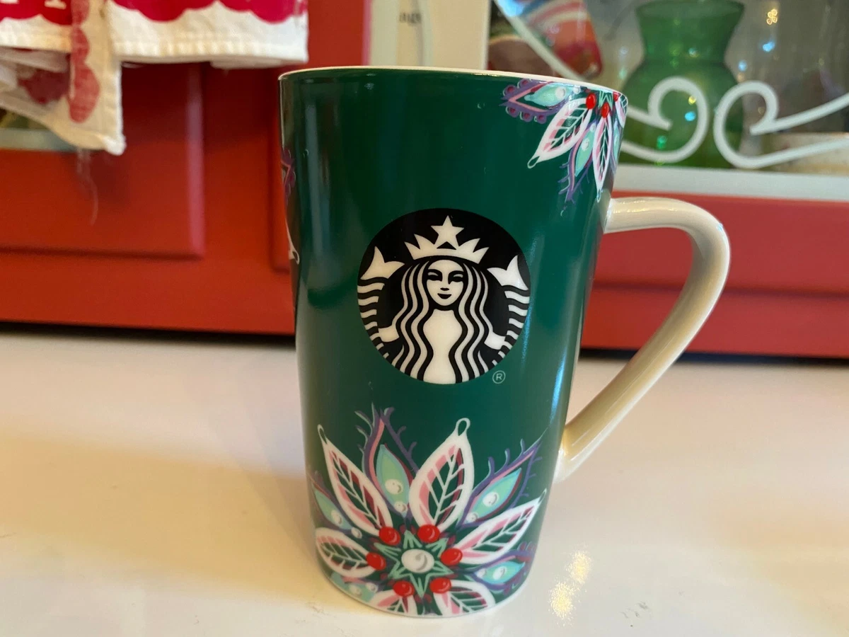 12 oz STARBUCKS Christmas Mug Cup Coffee Tea Cocoa Red Green Poinsettia  Flower