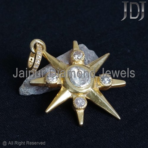 Natural Polki Pave Diamond 925 Sterling Silver Jewelry Starburst Charm Pendant - Picture 4 of 11