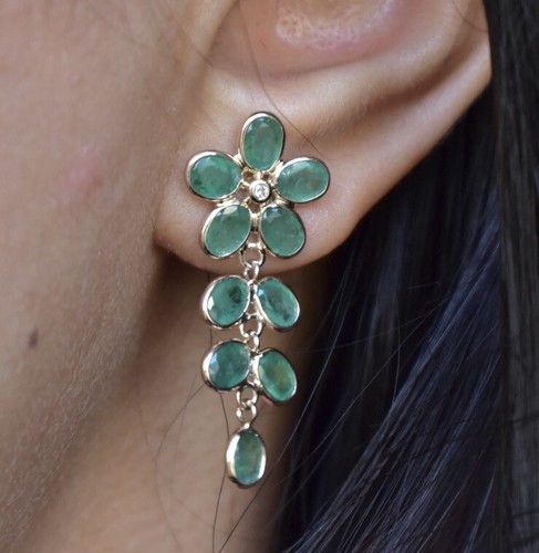 10k SOLID YELLOW GOLD NATURAL Emerald FLOWER DIAMOND FINE EARRINGS DANGLE DROP - Picture 6 of 11