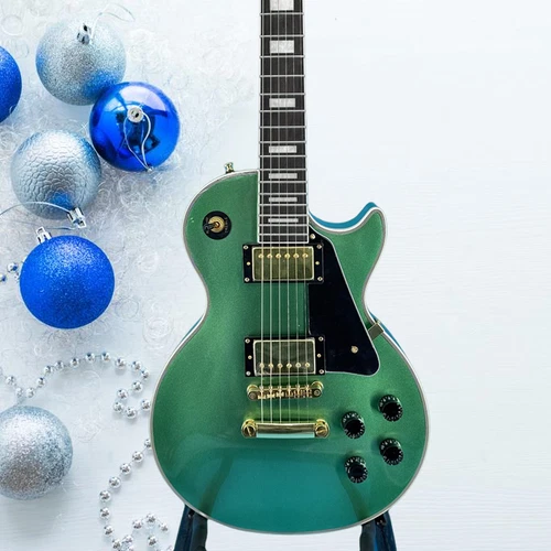 Custom Les Paul Electric Guitar  Fluorescent green trim gold accessories