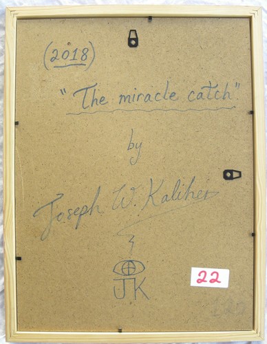 Joseph KALIHER (Texas 1970) Surrealist THE MIRACLE CATCH OIL on paper cm 29x19 - Foto 8 di 10